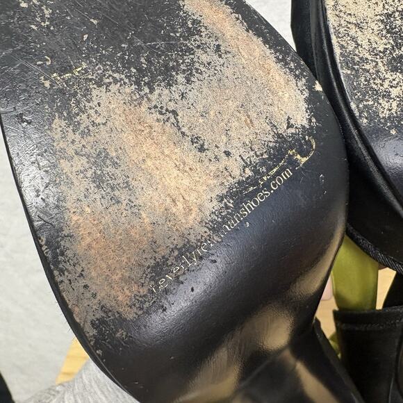 Beverly Feldman Vintage Black Satin Green Ribbon Platform Peep Toe Heels Size 7 - Picture 12 of 14